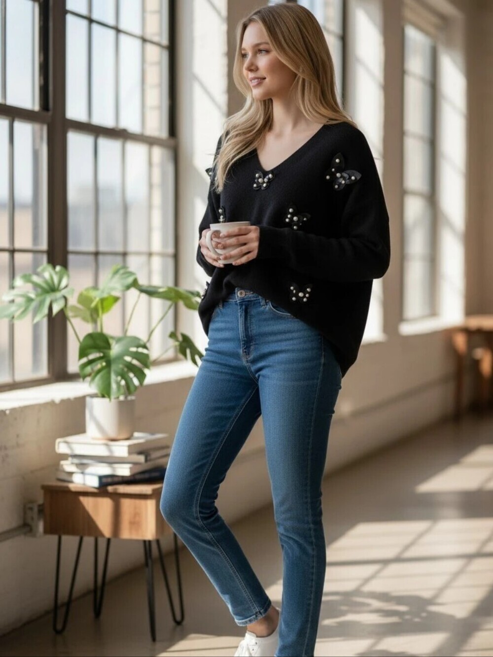 LIV Milano Black Longsleeve With Leather Butterfly and Pearl Sweater Size Small